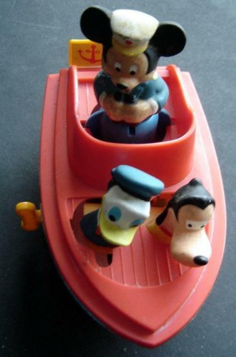 Cap'n Mickey Mouse Donald Duck & Pluto Wind Up Boat by Illco 1960's