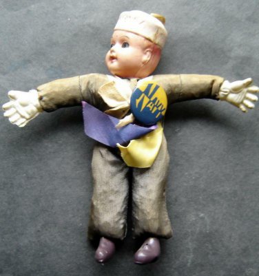 Vintage Doll Figure Japan Celluloid Head U S NAVY in Uniform with Pin and Ribbon