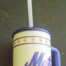 NY METS White Plastic Cup with Flexible Straw Blue Handle and Cover 6 1/2" Tall