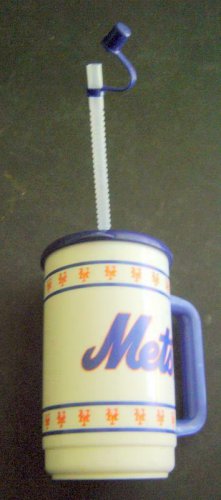 NY METS White Plastic Cup with Flexible Straw Blue Handle and Cover 6 1/2" Tall