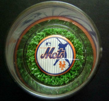 NY METS Clear Plastic Cup with Artificial Grass & Logo on the Bottom 3 1/2"