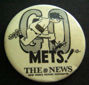 Vintage New York METS Baseball PIN "GO METS" The News Picture Newspaper 3 3/8"