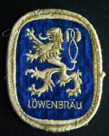 LOWENBRAU Beer Embossed Logo PATCH 2 3/4" x 3 1/2" Royal Blue with Gold Border
