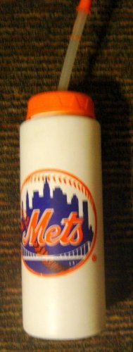 1989 New York METS Baseball White Plastic Water Bottle Straw Orange Cap 32oz MLB