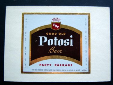 Good Old POTOSI BEER LABEL 1 Qt on Cardboard Backing Original 4" x  4 1/2"