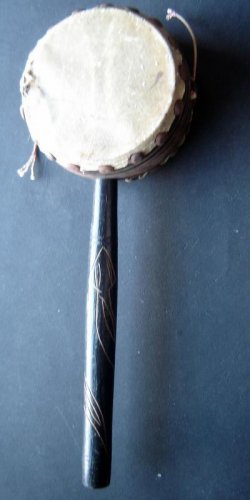 Vintage Rotating Hand Skin DRUM with 8" Long Wood Carved Handle Missing Beads