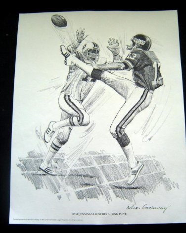 1981 Shell NY GIANTS FB Print Nick Galloway DAVE JENNINGS Launches A Long Punt