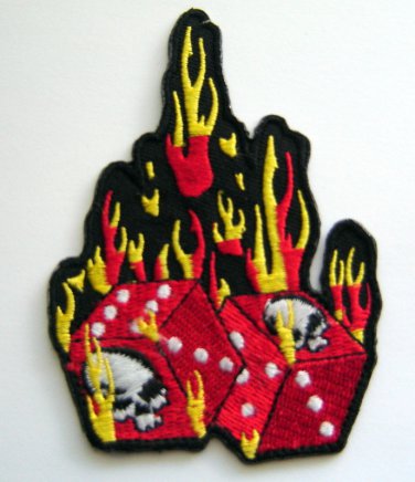 Flaming SKULLS with DICE Biker PATCH 3 1/2" x 2 1/2"