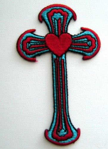 Red and Blue Cross with Heart PATCH  2 1/4" x 3 1/2"