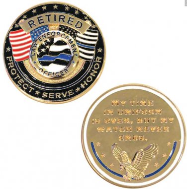 RETIRED LAW ENFORCEMENT OFFICER challenge coin in capsule POLICE Thin Blue Line