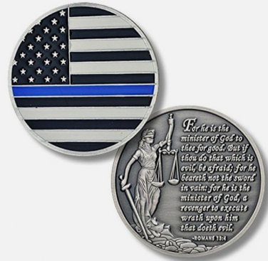 Police Officers THIN BLUE LINE Law Enforcement Challenge Coin Romans 13:4 prayer