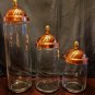 NEW (see note) discontinued Ruffoni 3-pc glass canister set / kitchen jars w/ copper lids