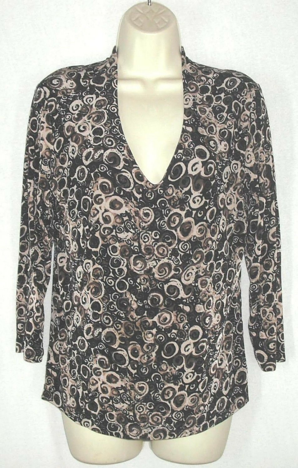 CHICO'S TRAVELERS top sz 1 M 3/4 sleeve Travel Knit V neck Abstract Swirl