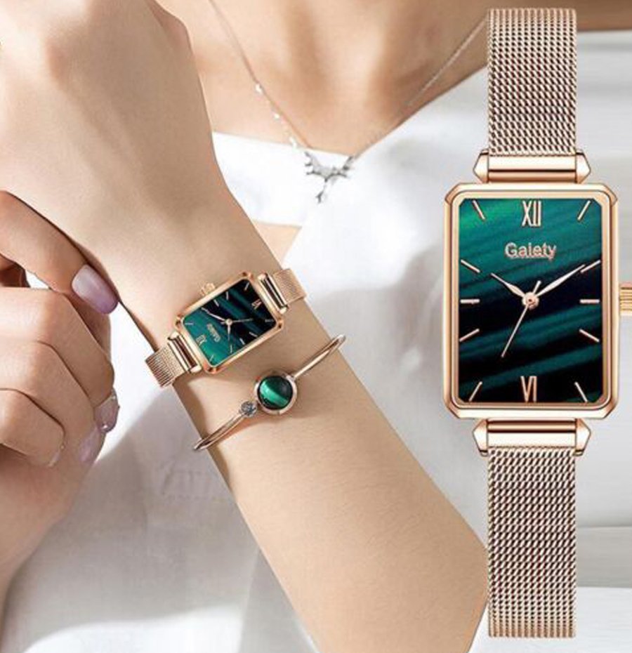 New Gaiety Brand Women Watches Fashion Square Ladies Quartz Watch Bracelet Set Green(1pcs)