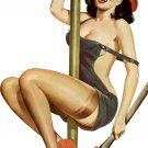 Woman holding axe doing pole dance, Firefighter  PINUP  STICKER 6"