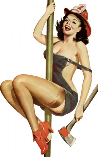 Woman holding axe doing pole dance, Firefighter  PINUP  STICKER 6"