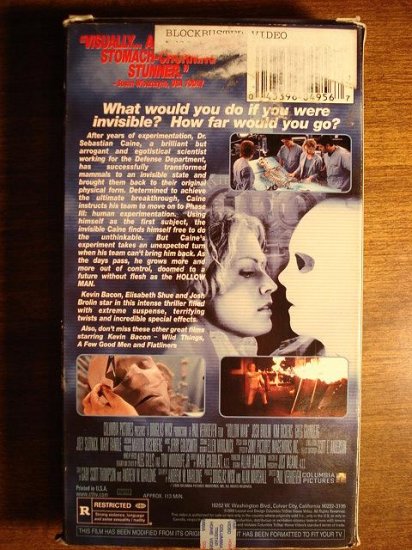 Hollow Man Vhs Video Tape Movie Kevin Bacon Elisabeth Shue Modern 