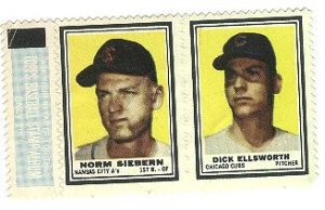 1962 Topps baseball stamp Norm Siebern Kansas City A's, Dick Ellsworth Chicago Cubs - Joined w/ stub