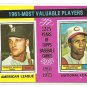 1975 Topps baseball card #199 1961 MVP's Roger Maris & Frank Robinson EX/NM