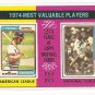 1975 Topps baseball card #212 (C) 1974 MVP's Jeff Burroughs & Steve Garvey NM