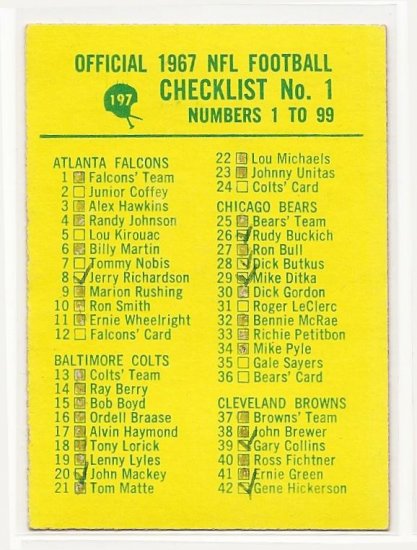 1967 Philadelphia (Philly) football card #197 Checklist 1 VG - marked