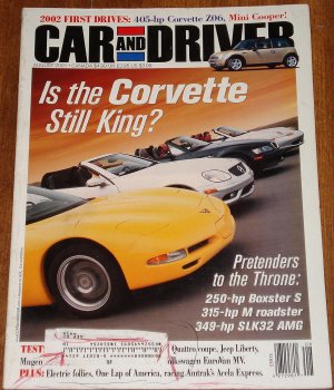 Car & Driver magazine August 2001 Corvette Z06, Mini Cooper, Boxster S, SLK32 AMG, Jeep Liberty