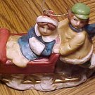 Sled ride Christmas tree Ornament (or free standing figure), ceramic/porcelain, 3" long