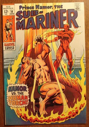 The Sub-Mariner #14 (1969) comic book, Marvel Comics, Golden Age Human Torch, VF- condition!
