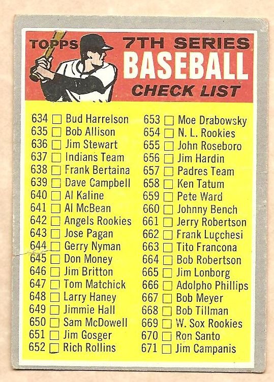1970 Topps baseball card 588 7th Series checklist UNMARKED F/G light