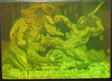 1993 Marvel Universe IV (4) Spider-Man (spiderman) vs Venom hologram chase insert card H-IV, NM/M 1993 Marvel Universe IV (4) Spider-Man (spiderman) vs Venom hologram chase insert card H-IV, NM/M