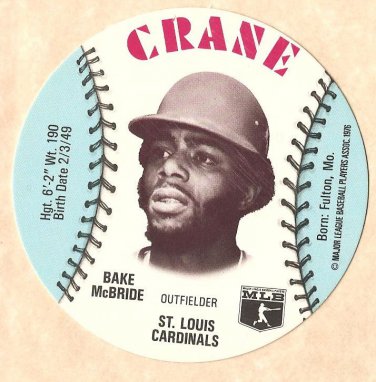 1976 Crane Potato Chips baseball disc card Bake McBride St. Louis Cardinals NM