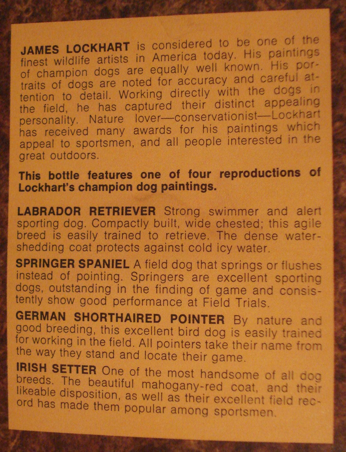 Jim Beam (Beam's Choice) empty whiskey bottle decanter, James Lockhart, 1977, Hunting dog