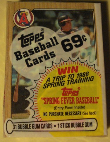 Unopened 1987 Topps Cello baseball card pack - Wally Joyner on top