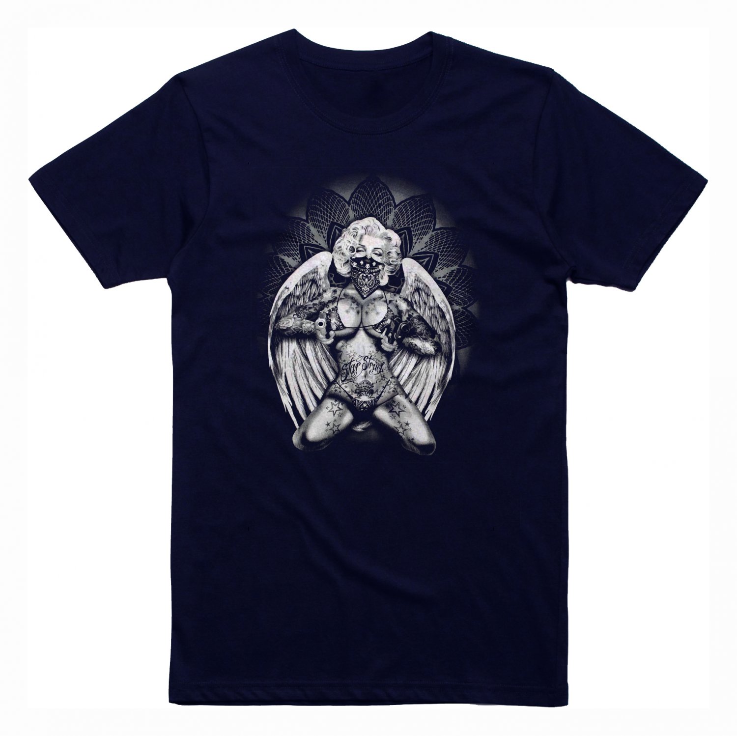 Sexy Marilyn Monroe Gangster Angel Wings Tattoo Skull Black T Shirt Navy T Shirt 3441