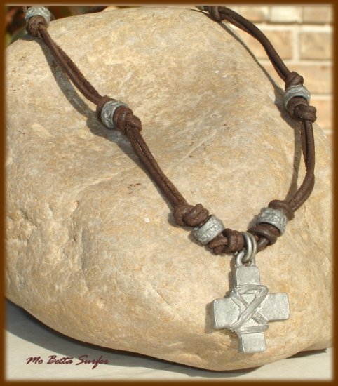 Men's Retro Surfer Choker Necklace – Metal Cross Pendant & Genuine Leather Cord – Brown 2 thumbnail image