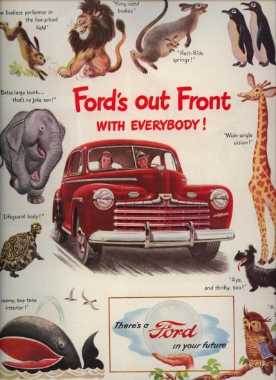 Vintage 1946 Ford's out front with Everybody Red Ford Car AD