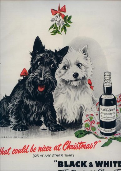 Vintage 1950 Black & White Whiskey Christmas Art M Dennis AD