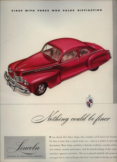 Vintage 1946 Red Lincoln Car Ford Company AD