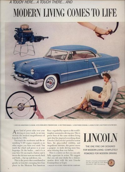 Vintage 1953 blue Ford Lincoln Car AD