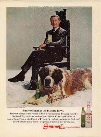 Vintage 1969 Johnny Carson St Bernard Dog Smirnoff Vodka AD