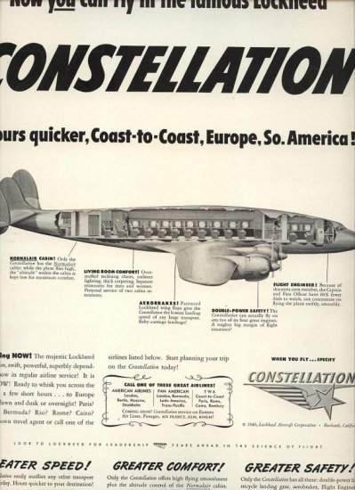 Vintage 1946 Lockheed Constellation Passenger Airplane AD