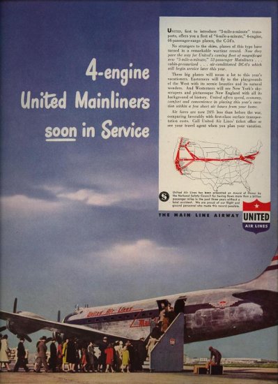Vintage 1946 United 4 engine Mainliners Small Map Airplane Aviation AD