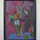Floral on Blue Table By Carmel Artist Victor Di Gesu, Oil Painting on Board - Framed Artwork