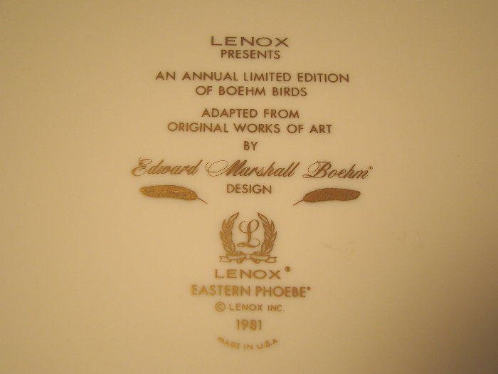 LENOX FINE CHINA EASTERN PHOEBE BIRD PLATE 1981 EDWARD MARSHALL BOEHM ...