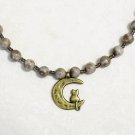 Cute Bronze Cat on the Moon Pendant + Brown Agate Gemstone Beaded Necklace