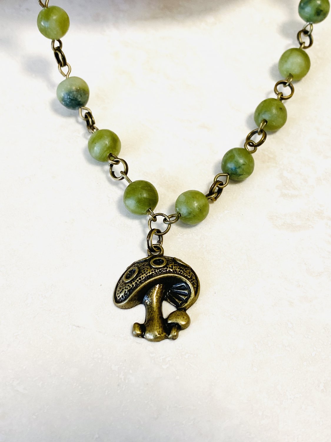 Cute Mushroom Green Gemstone Serpentine Necklace, Bronze Mushroom Pendant