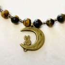 Cute Bronze Cat on the Moon Pendant + Tigers Eye Beaded Necklace