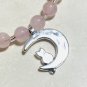 Cute Silver Tone Cat on the Moon Pendant + Rose Quartz Beaded Necklace
