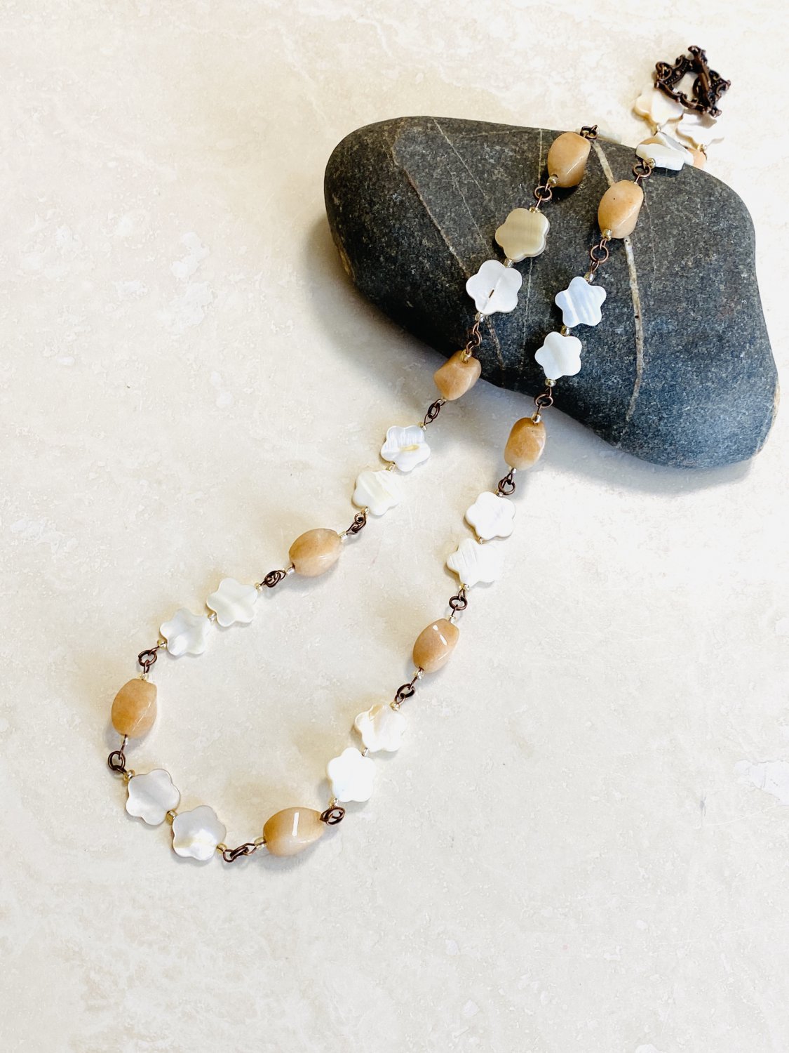 Peach Aventurine White Flower Nacre Necklace, Natural Gemstone Copper Chain