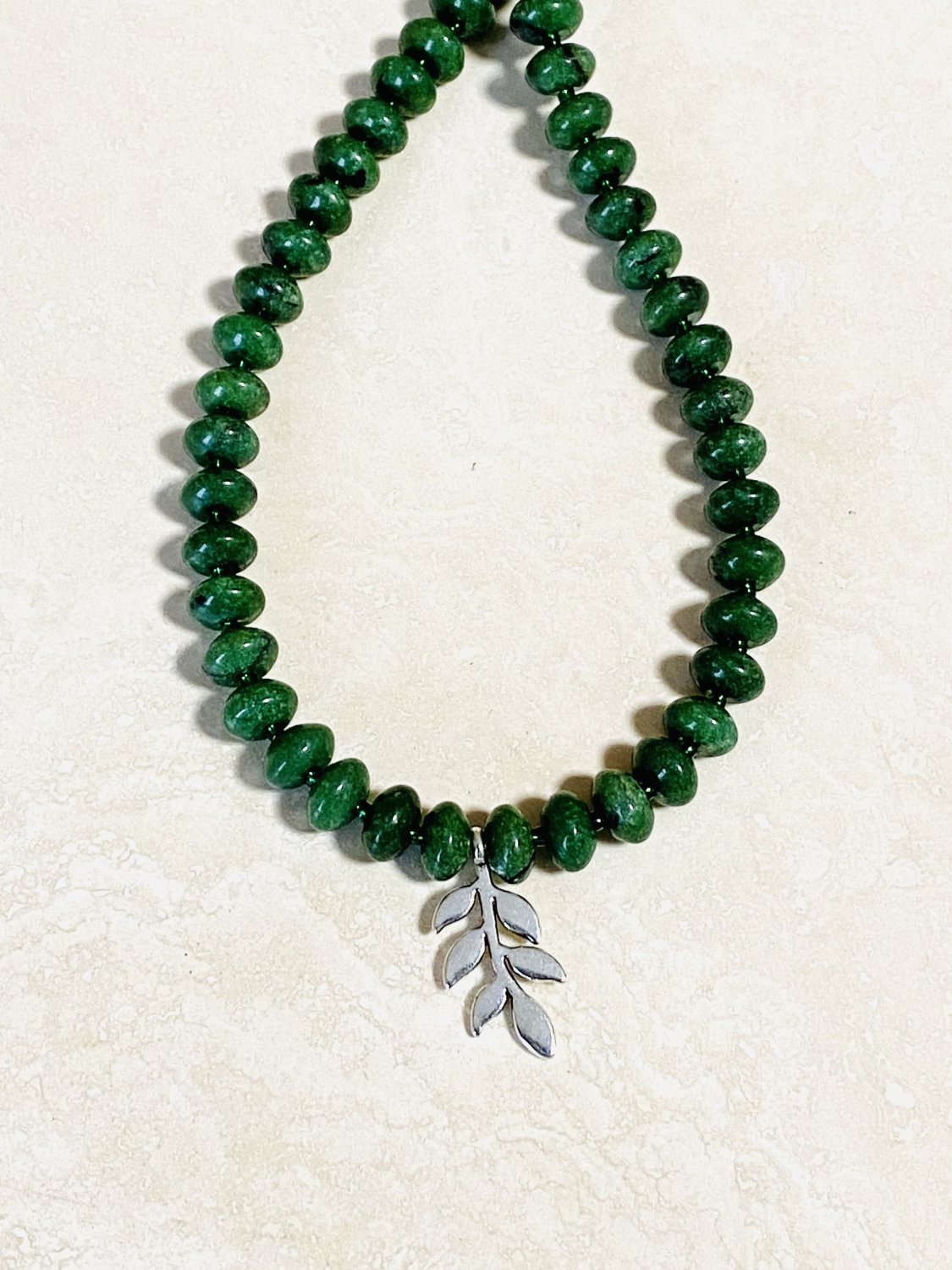 Hunter Green Beaded Aventurine Leaf Branch Pendant Necklace